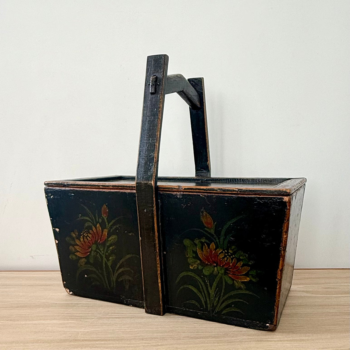 Antique Norwegian Folk Art Painted Wooden Knitting Basket c.1900