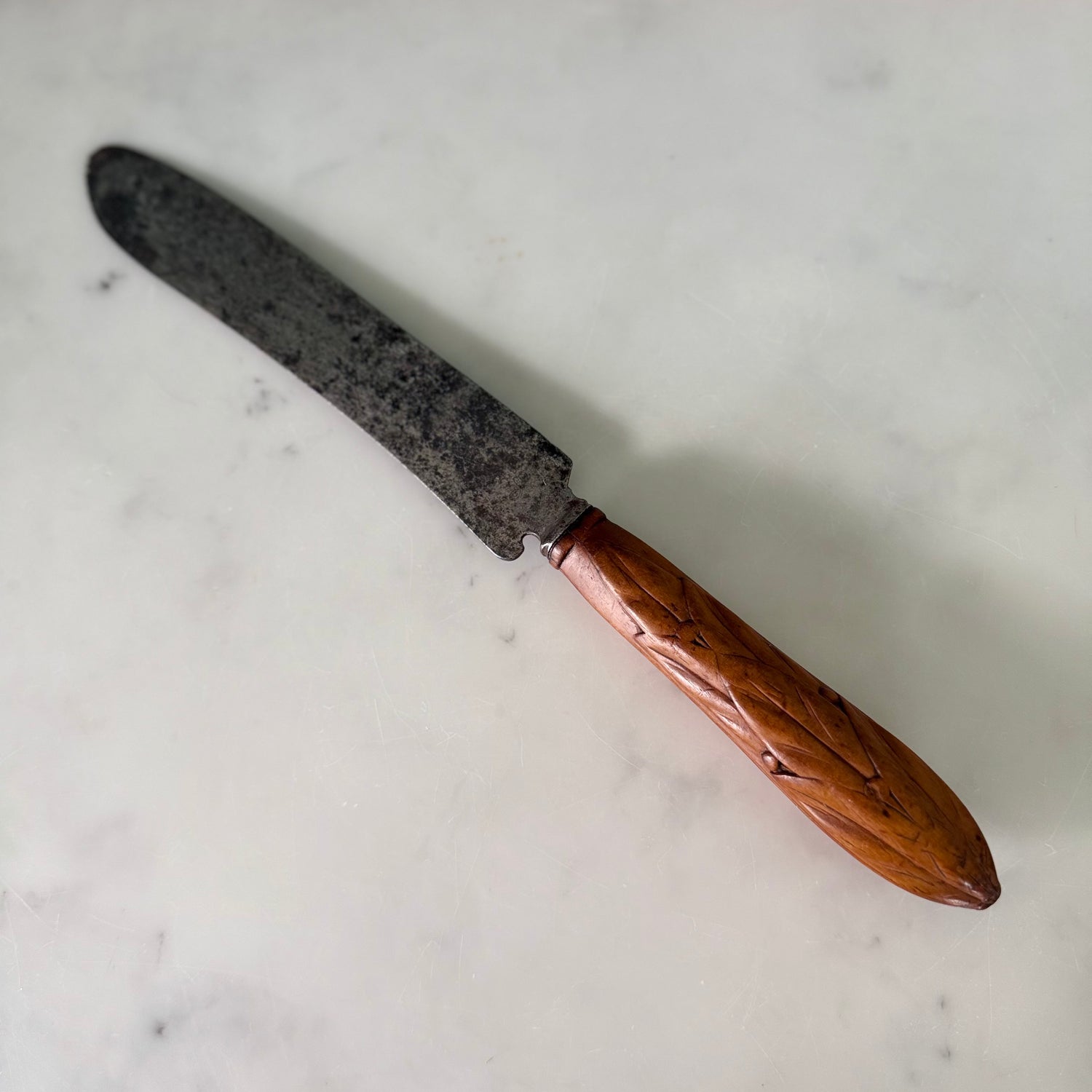 Antique Victorian Carved Treen Handle Bread Knife VR Crown Mark