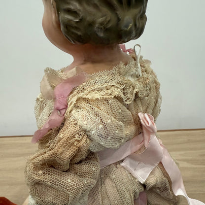Antique Wax Head “Pumpkin Head” Doll with Original Dress c.1870