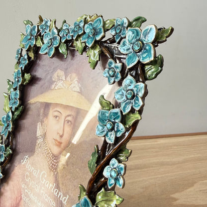 Floral Crystal Photo Frame 4x6 Blue Flower Decorative Vintage Style Gift