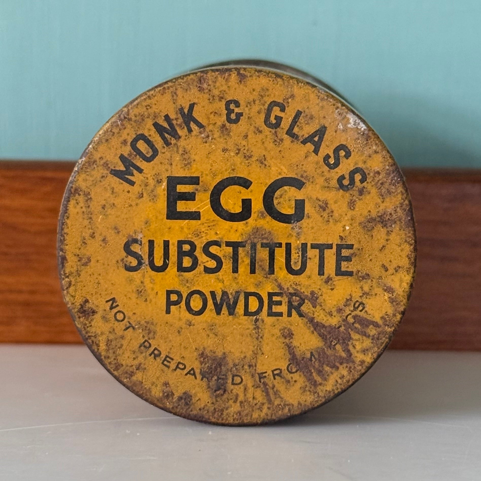 Vintage Monk &amp; Glass Egg Substitute Powder Tin 1930s-40s Kitchen Advertising