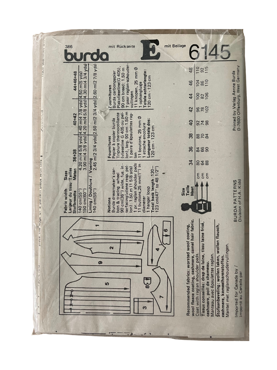 Burda 6145 Womens Size 10-22 Coat FF