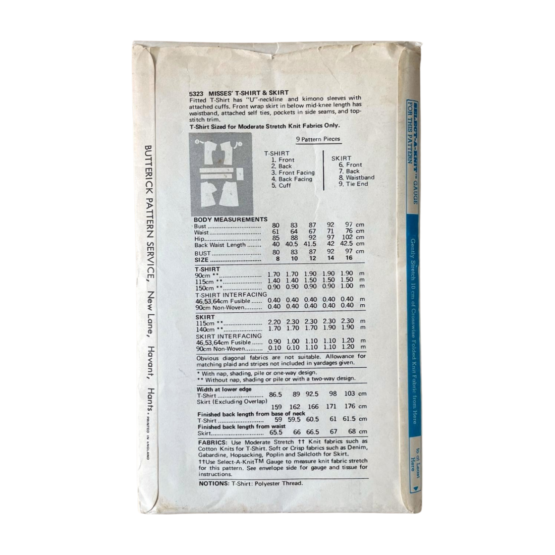 Butterick 5323 Womens Size 12 T-Shirt Wrap Skirt FF