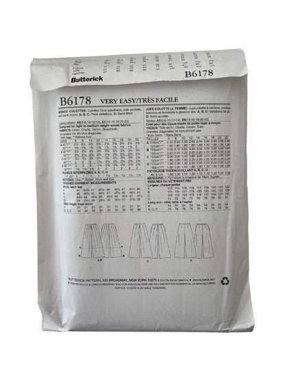 Butterick B6178 Womens Size 6-22 Culottes FF