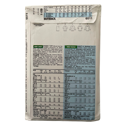 Butterick 6011 Womens Size SS-M UK Top Blouse FF