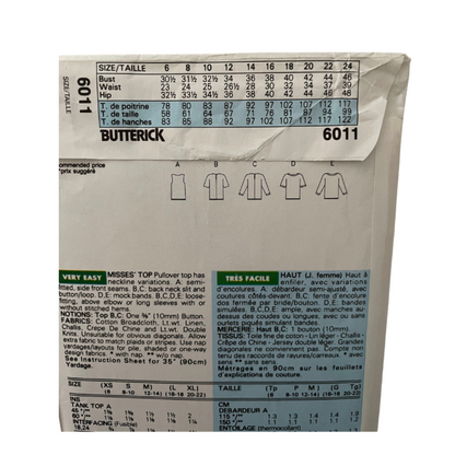 Butterick 6011 Womens Size SS-M UK Top Blouse FF