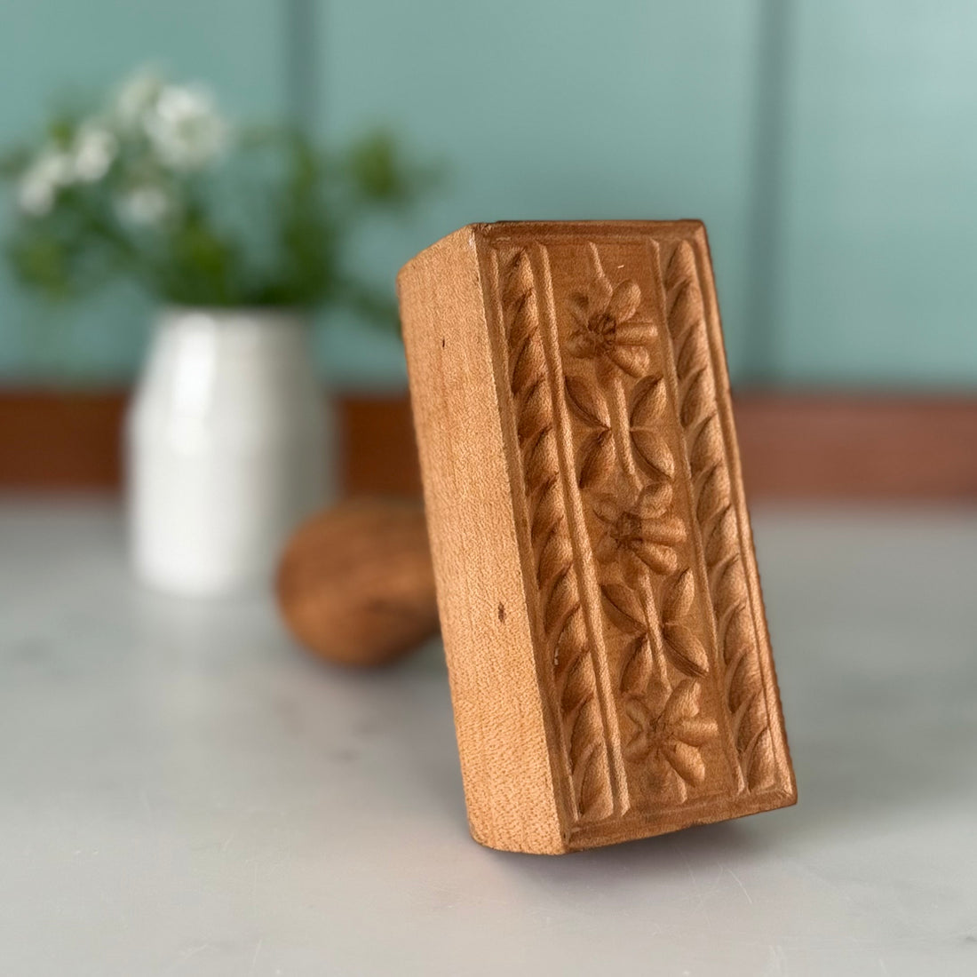 Antique Carved Wooden Floral Butter Stamp / Treen Mould Press