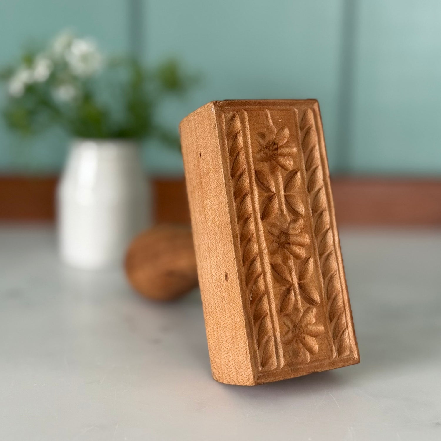 Antique Carved Wooden Floral Butter Stamp / Treen Mould Press