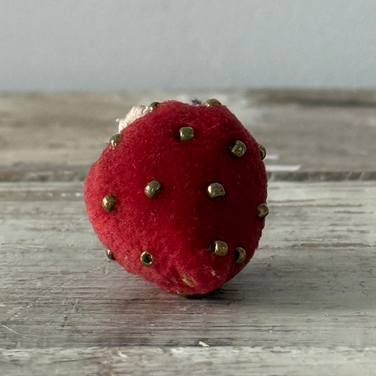 Antique Velvet Strawberry Pincushion with Metal Beads and Crocheted Flower