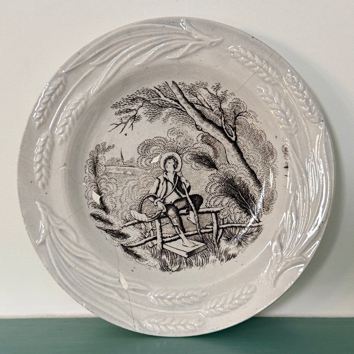 Antique Staffordshire Staple-Repaired Nursery Plate Rural Boy c.1830