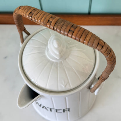 Antique Edwardian White Ironstone HOT WATER Jug Wicker Handle &amp; Lid