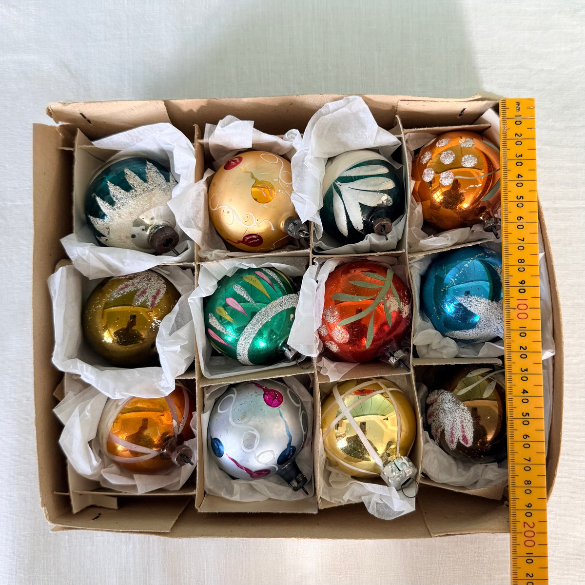 Boxed Set of 12 Vintage Glass Christmas Baubles