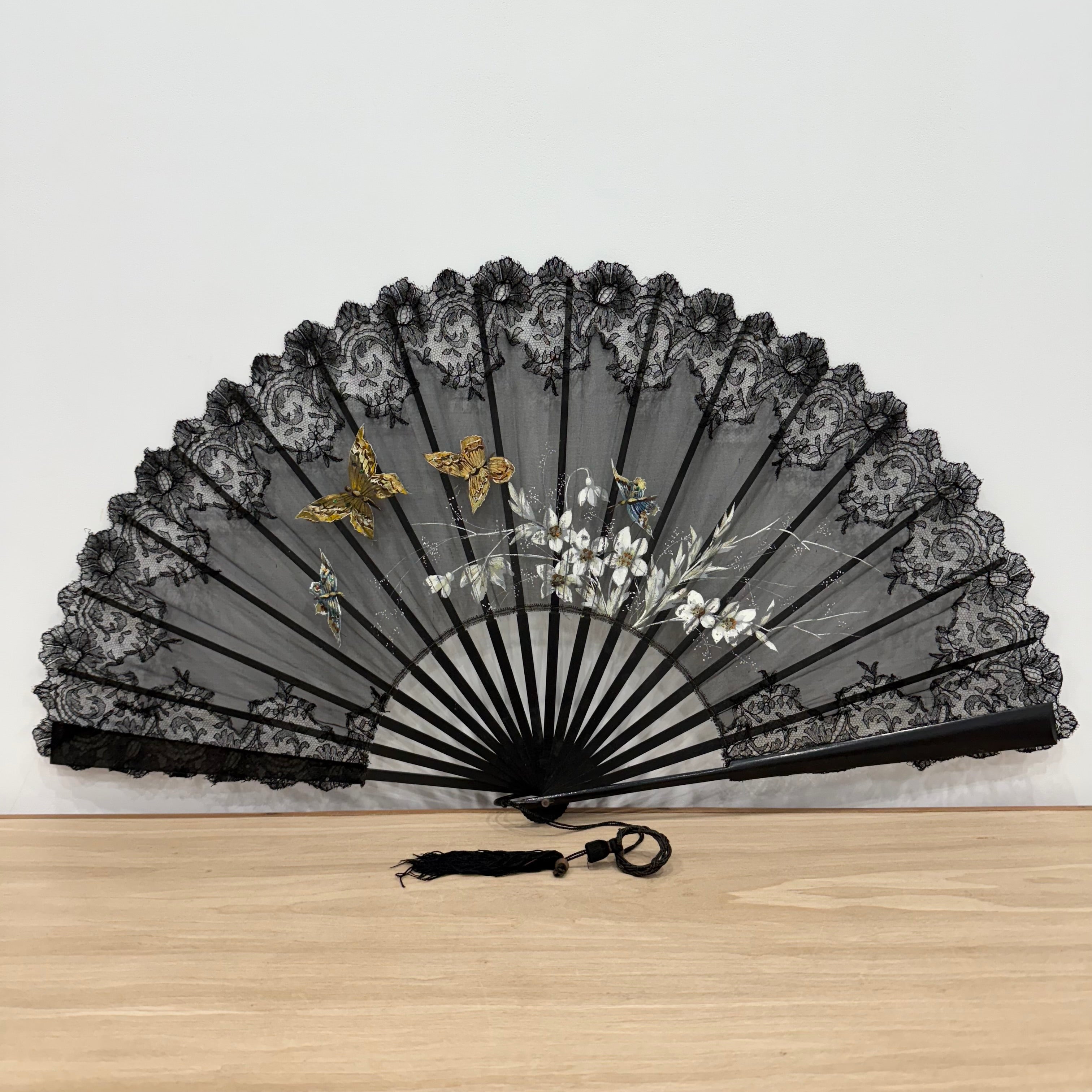 Antique Hand Painted Lace Fan with Butterflies Edwardian Black Mourning Style