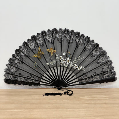 Antique Hand Painted Lace Fan with Butterflies Edwardian Black Mourning Style