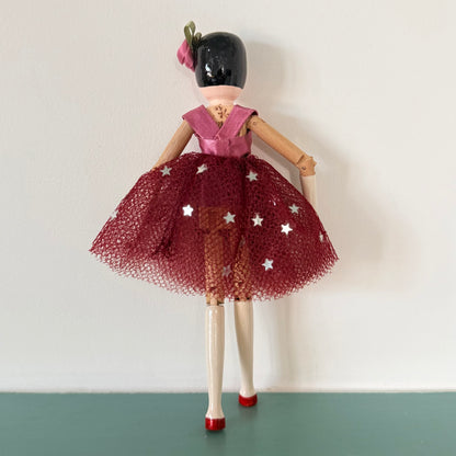 Vintage Eric Horne Wooden Doll in Burgundy Star Dress - 15.5cm