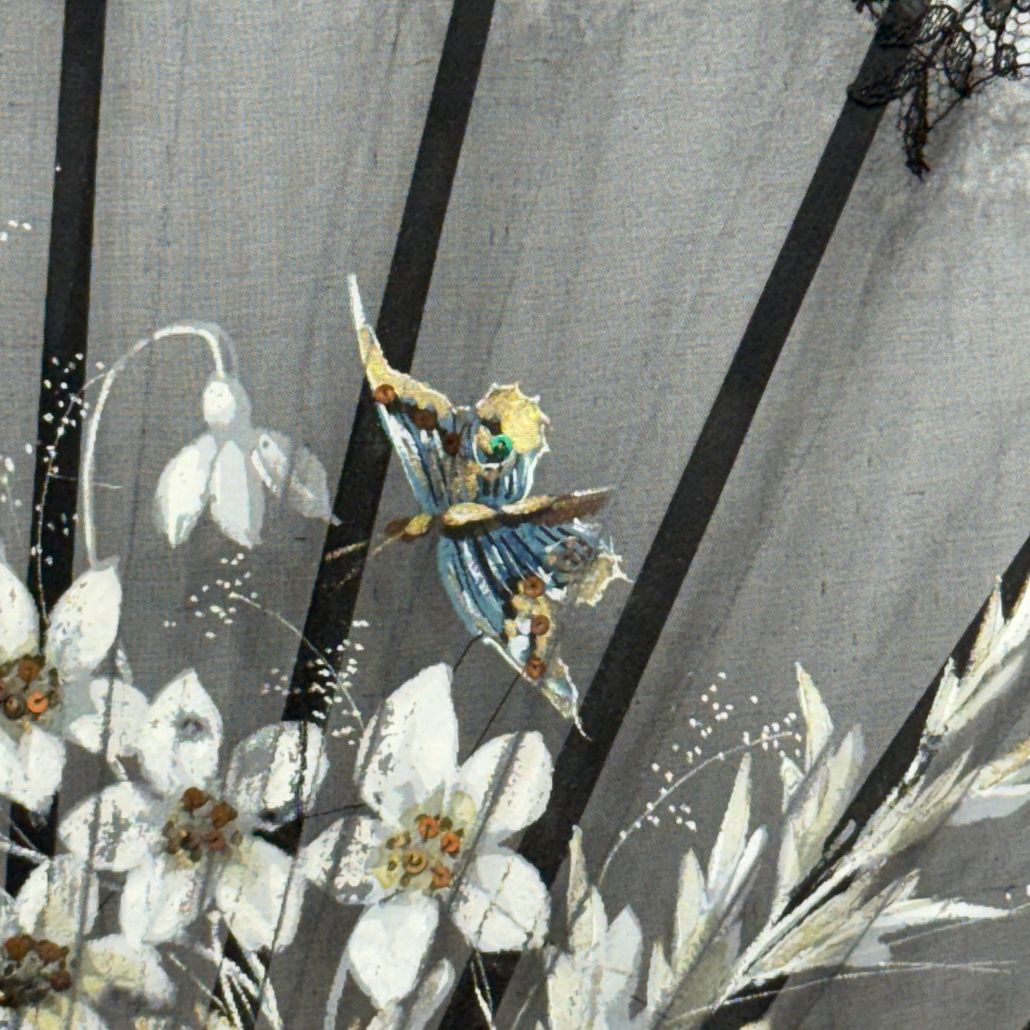 Antique Hand Painted Lace Fan with Butterflies Edwardian Black Mourning Style