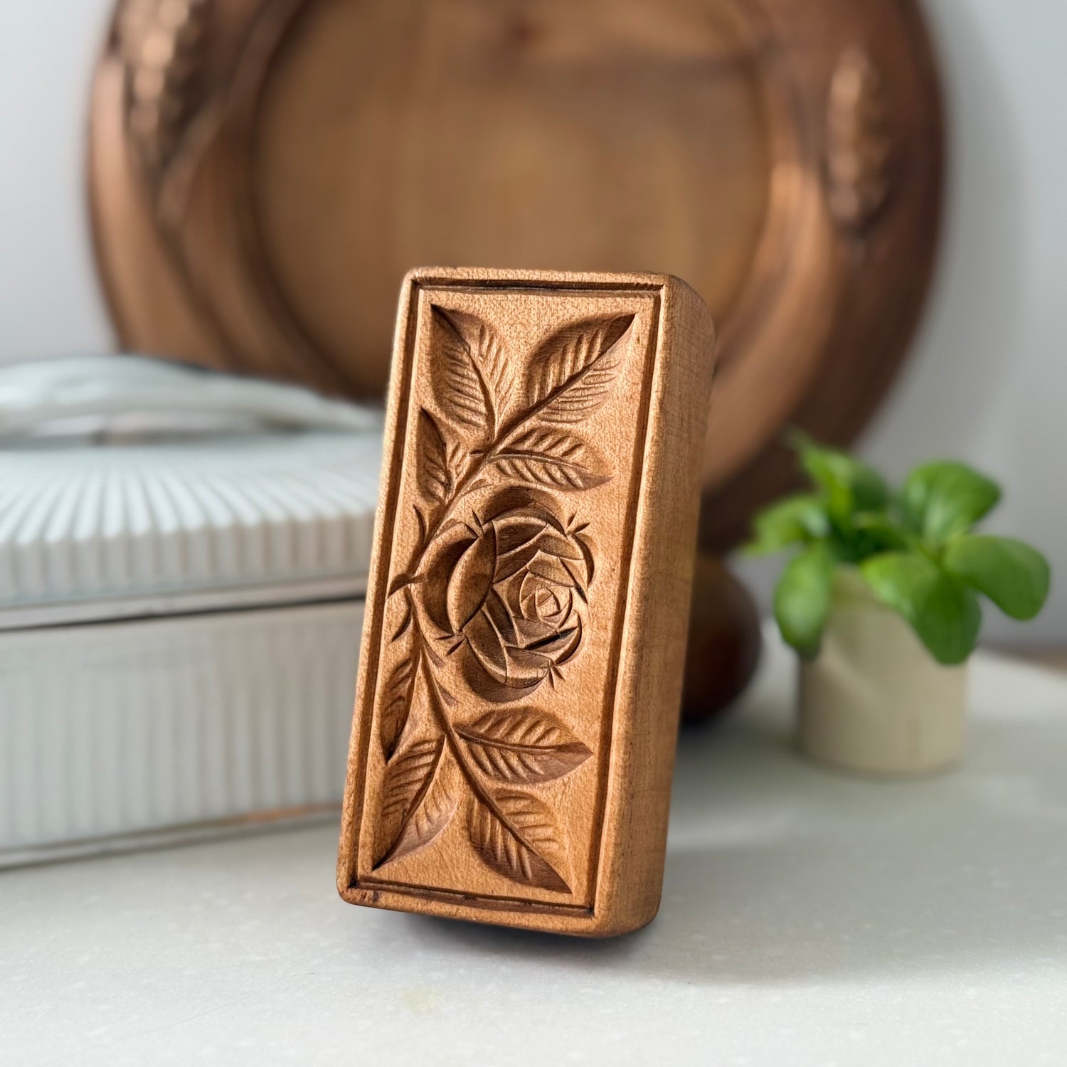 Antique Treen Butter Stamp Single Rose Rectangular