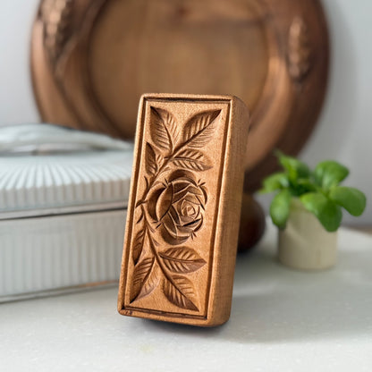Antique Treen Butter Stamp Single Rose Rectangular