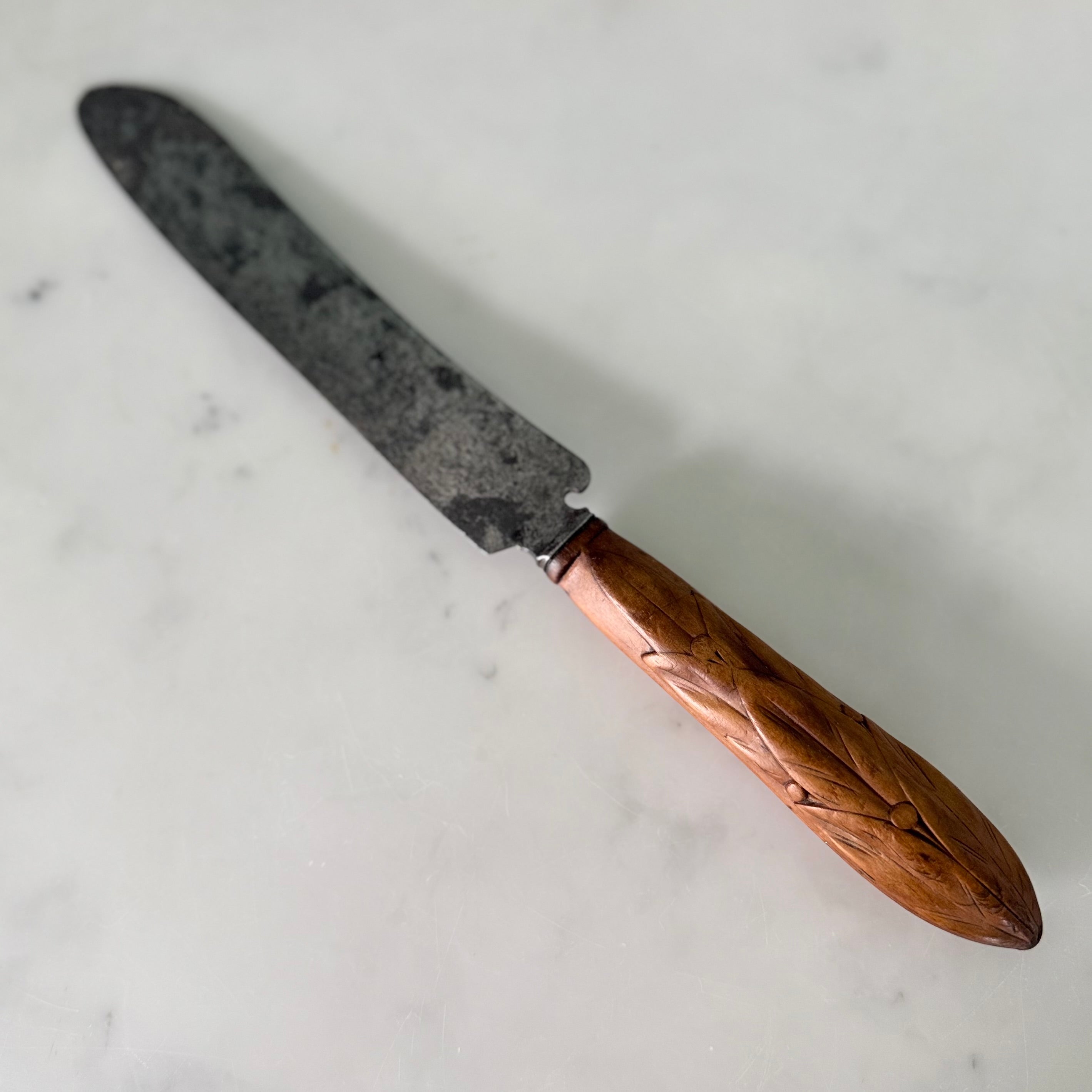 Antique Victorian Carved Treen Handle Bread Knife VR Crown Mark