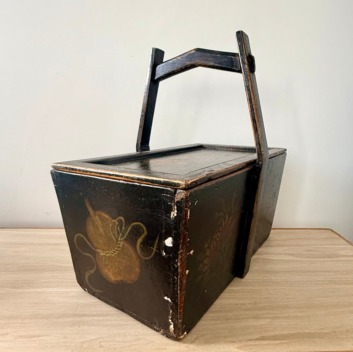 Antique Norwegian Folk Art Painted Wooden Knitting Basket c.1900