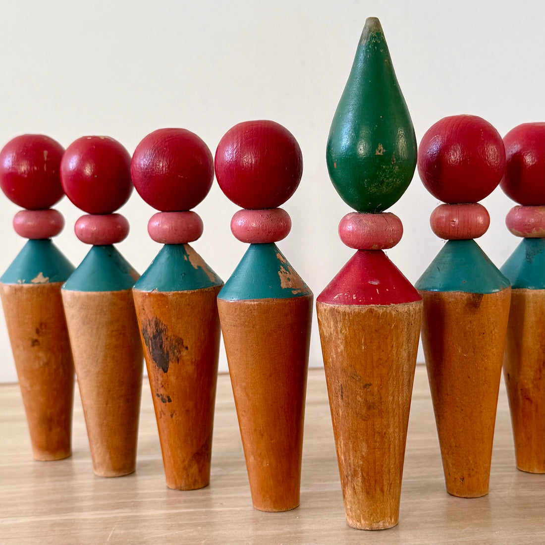 Vintage Wooden Skittles Set Folk Art Toy Display