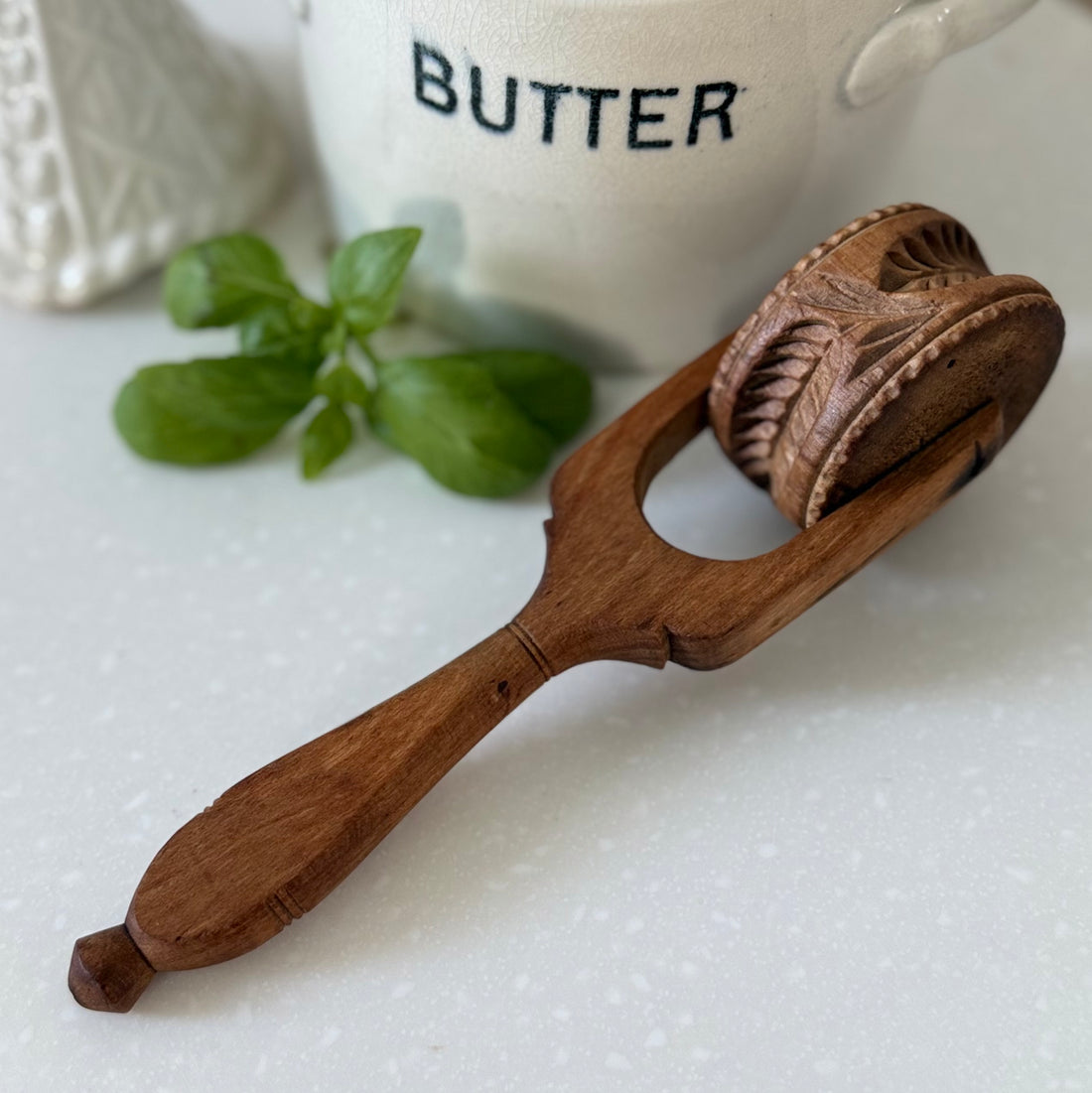 Antique Treen Wooden Butter Roller Deep Carved Leaf Print Dairy Kitchenalia
