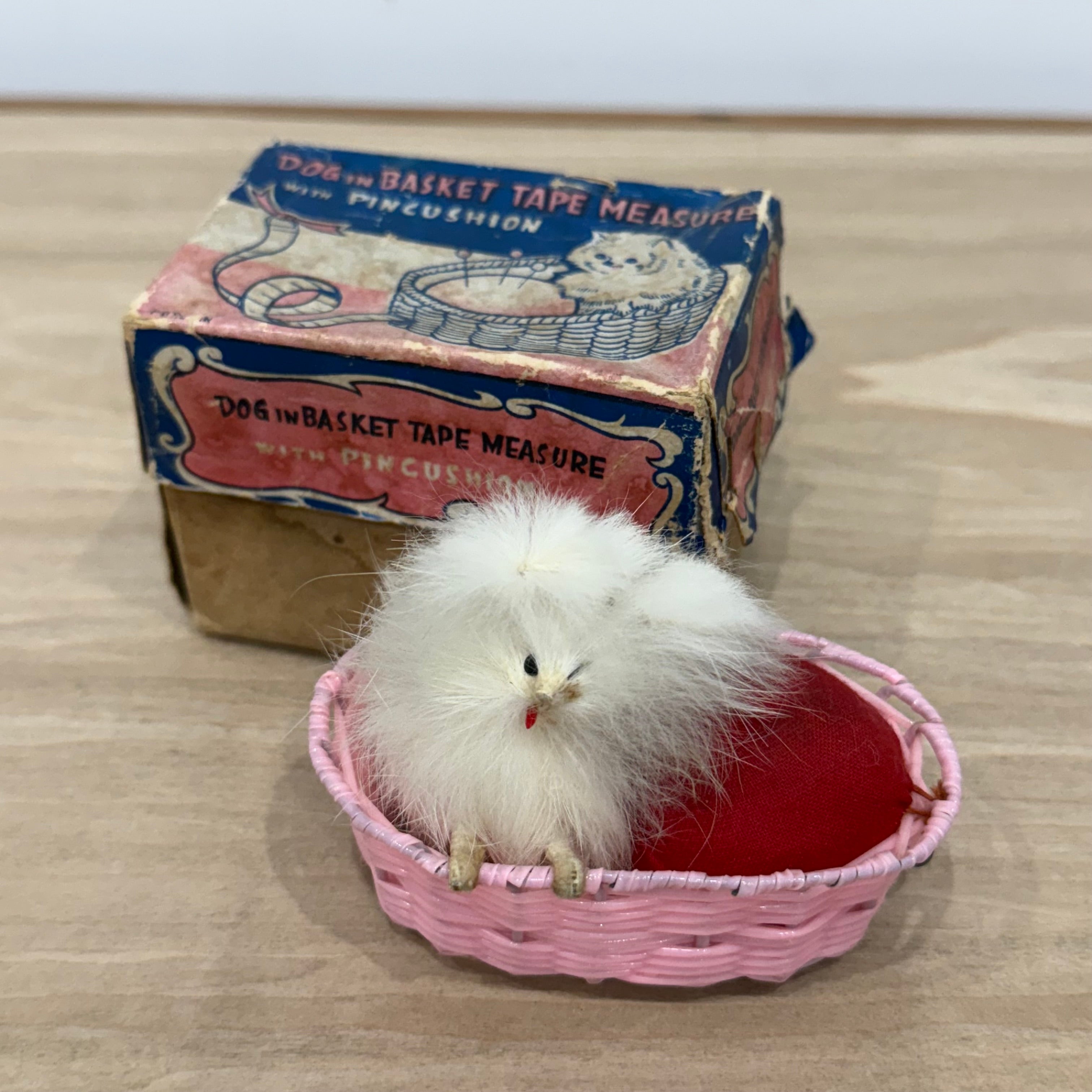 Vintage Dog in Basket Tape Measure &amp; Pincushion, Boxed, Working 36”