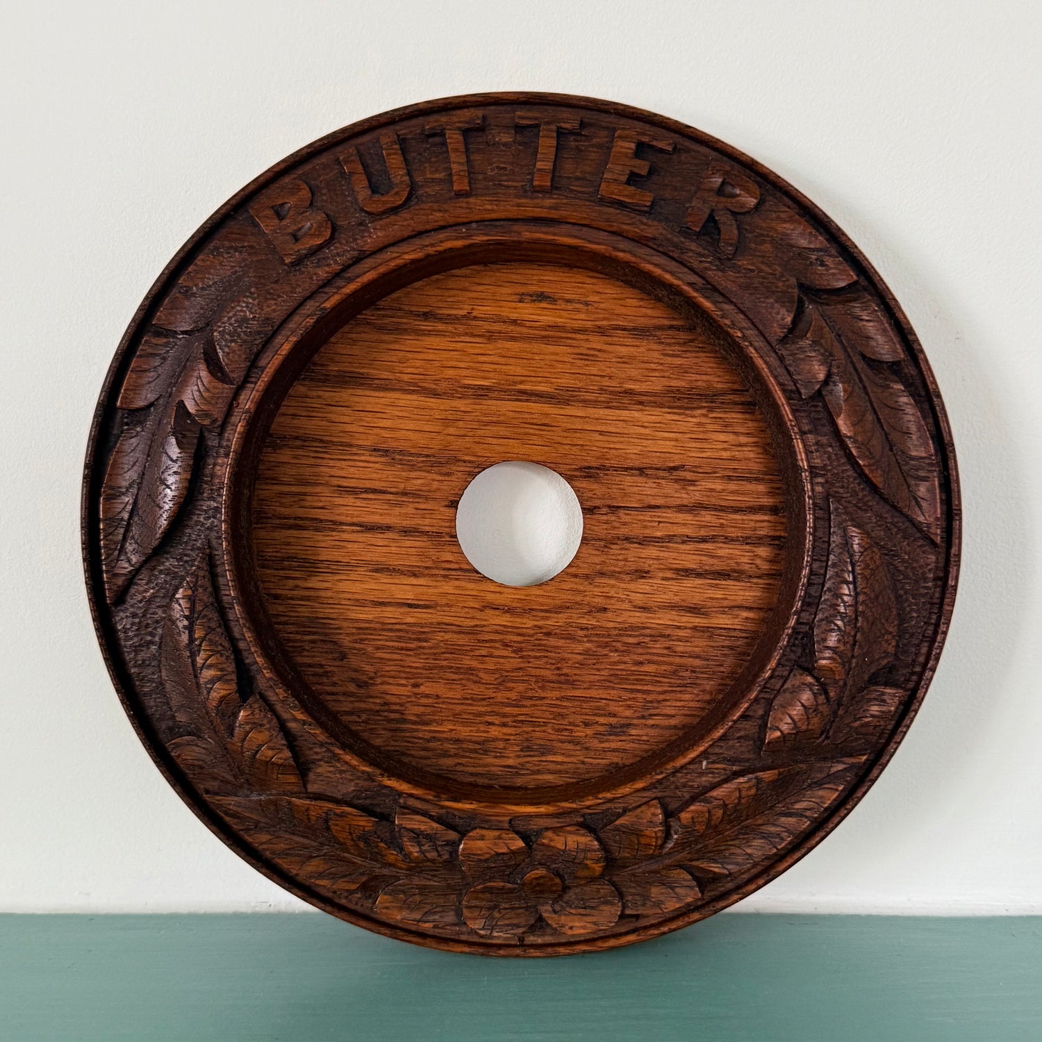Vintage Carved Wooden BUTTER Dish Blue Willow Insert Kitchenalia