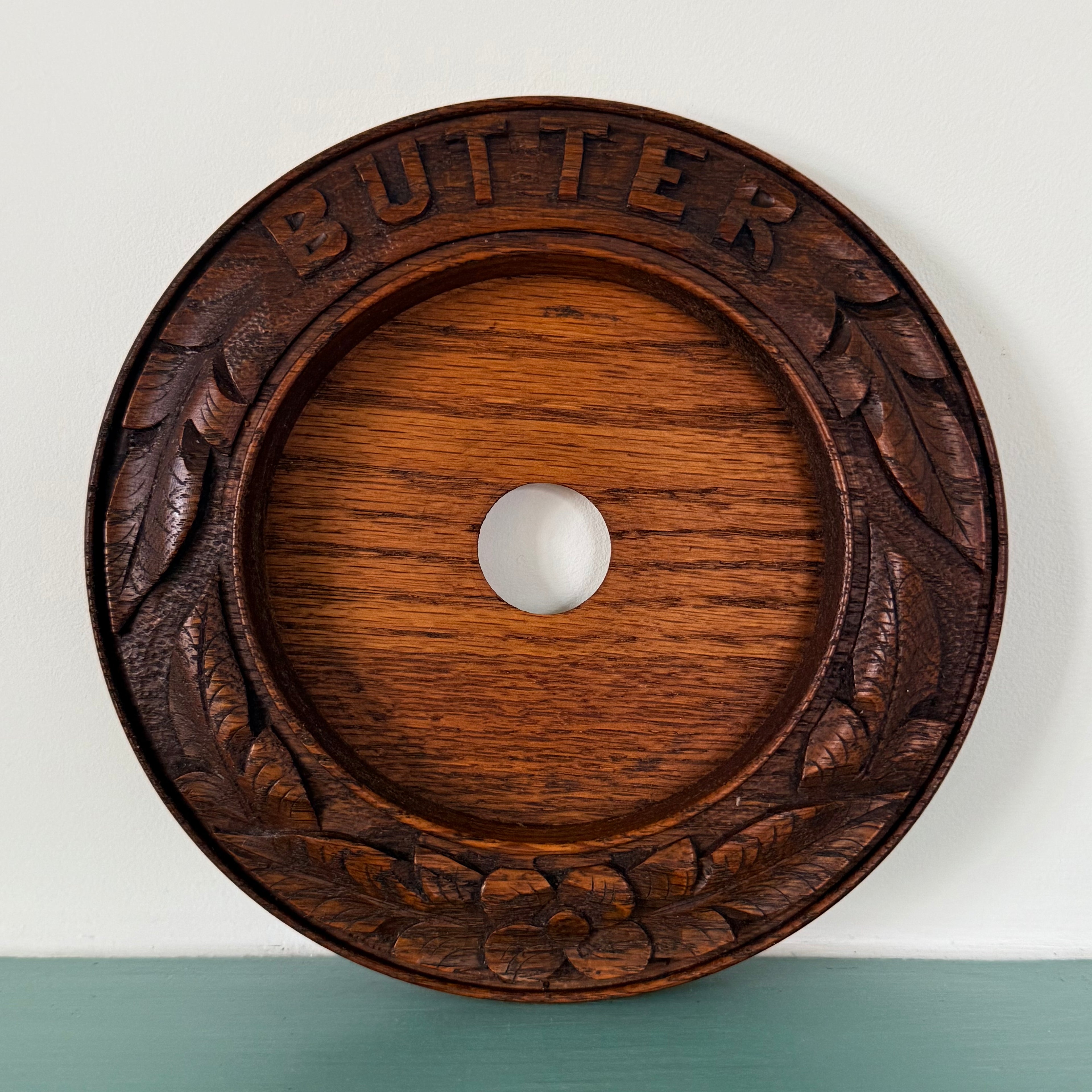 Vintage Carved Wooden BUTTER Dish Blue Willow Insert Kitchenalia