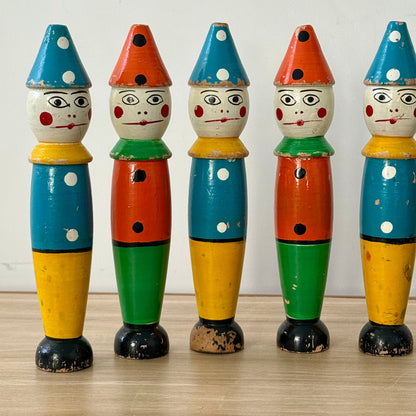 Vintage Wooden Clown Skittles Pins Seven Figures Hand Painted Folk Toy 21cm