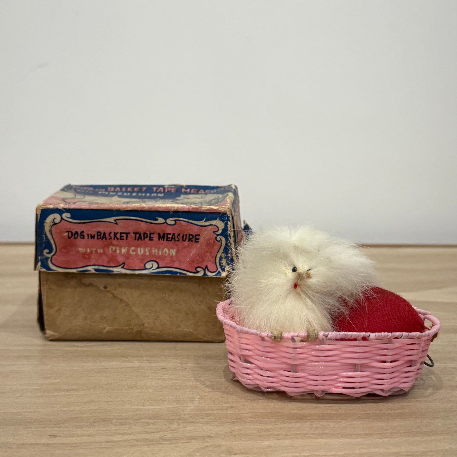 Vintage Dog in Basket Tape Measure &amp; Pincushion, Boxed, Working 36”