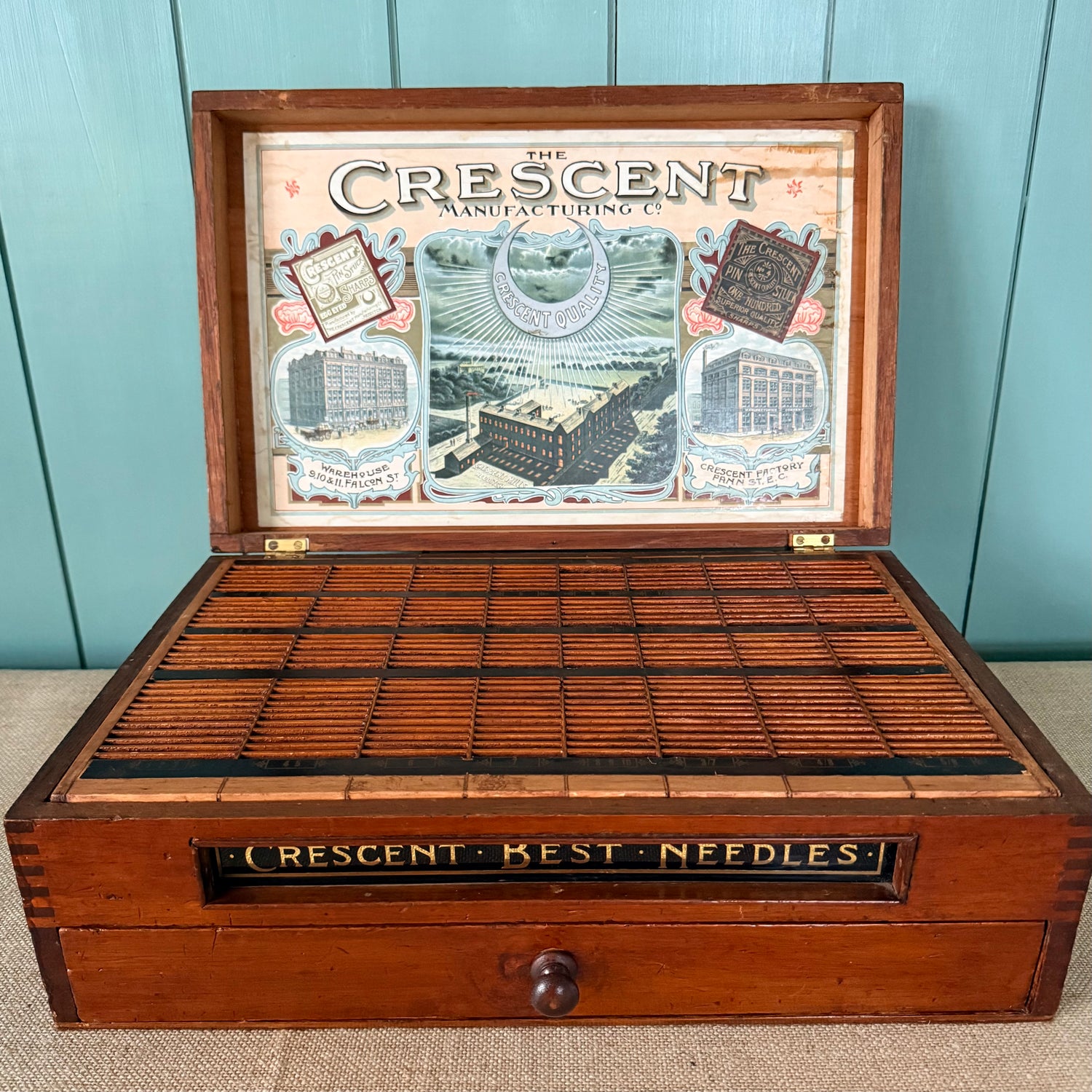Antique Crescent Best Needles Haberdashery Shop Display Cabinet