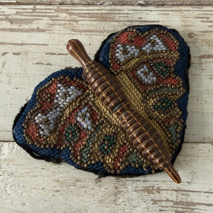 Antique Victorian Beaded Butterfly Needle Book / Pincushion with Turned Wooden Body
