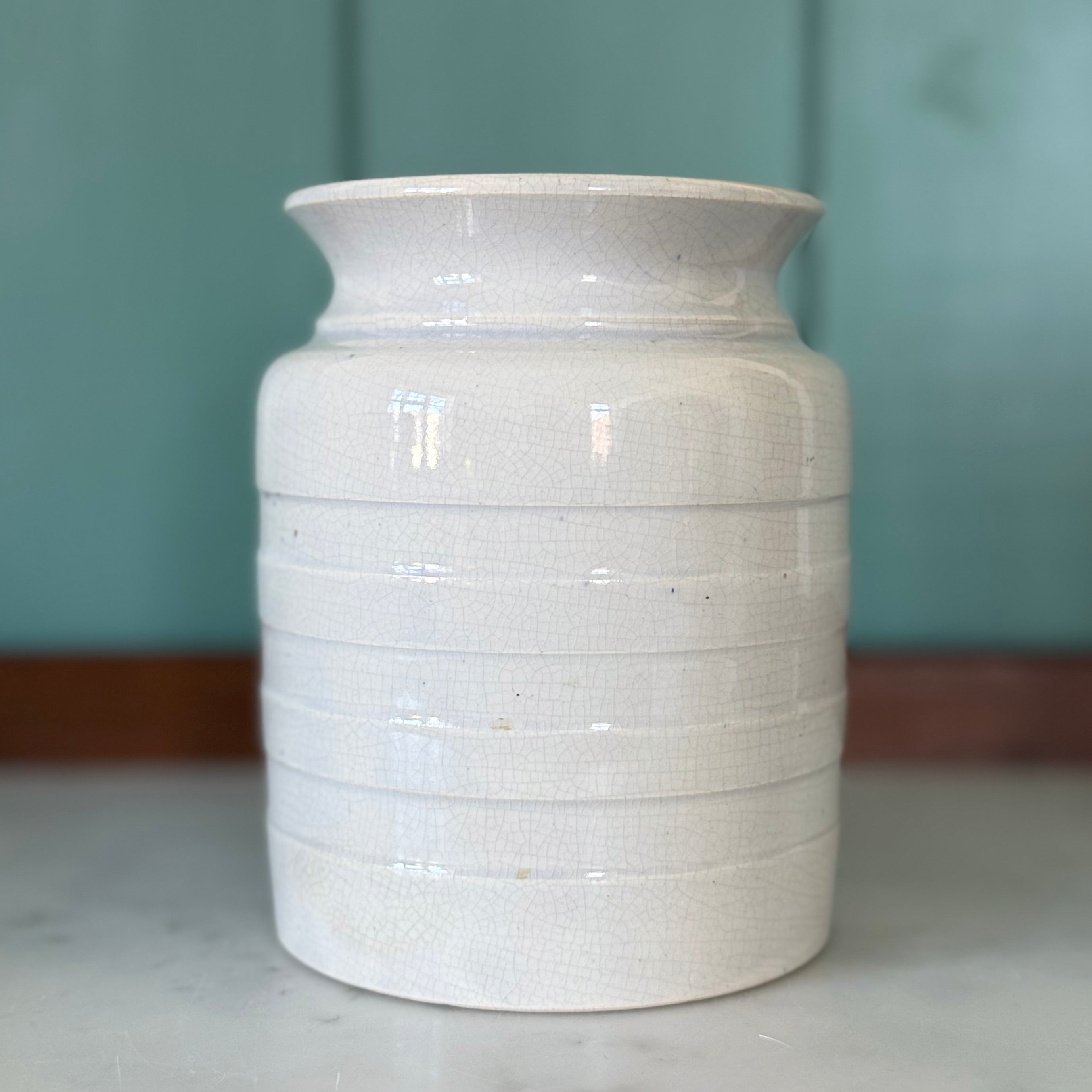 Late Victorian White Ironstone Sago Storage Jar with Ribbon Label