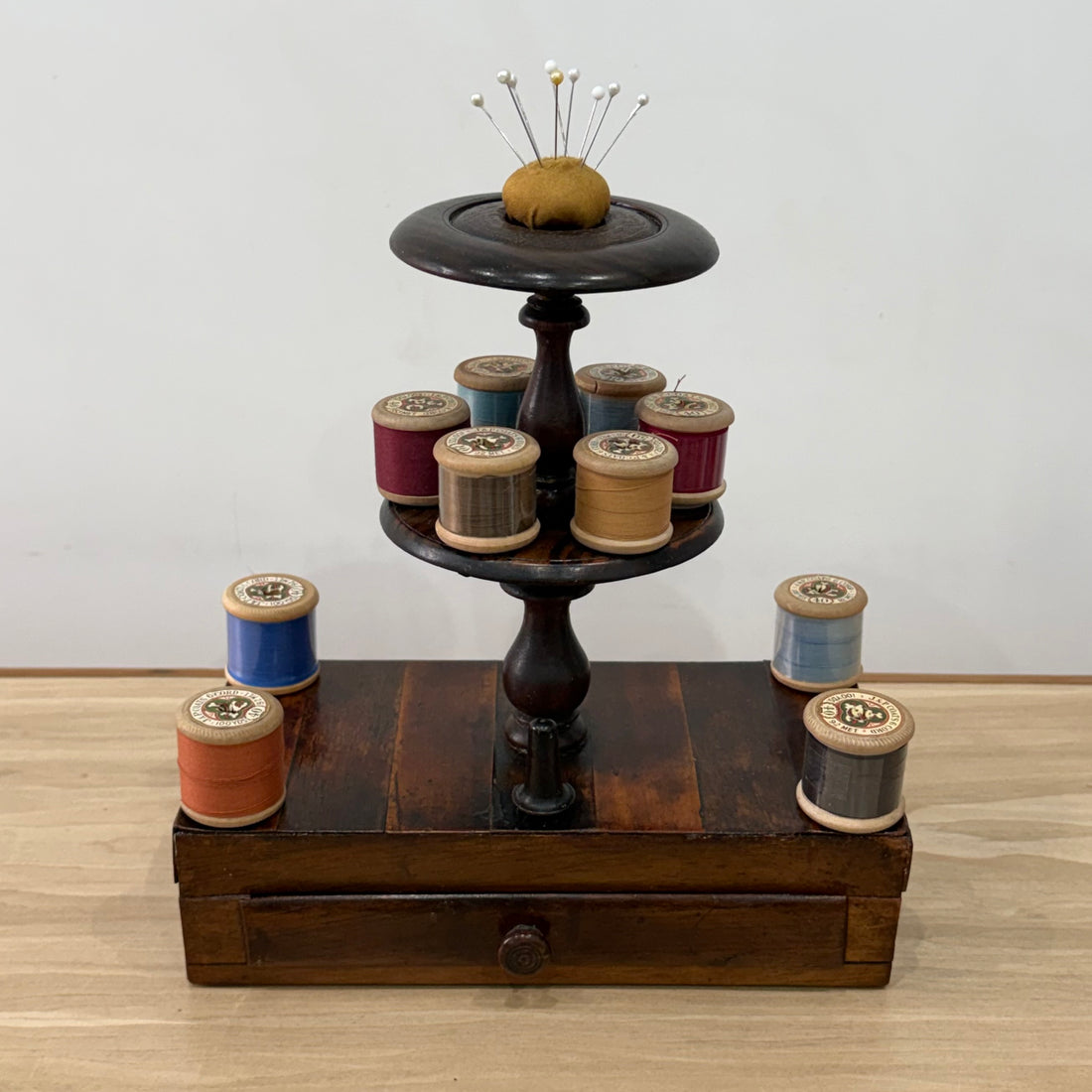 Antique Wooden Thread Spool Stand with Drawer and Silk Pin Cushion