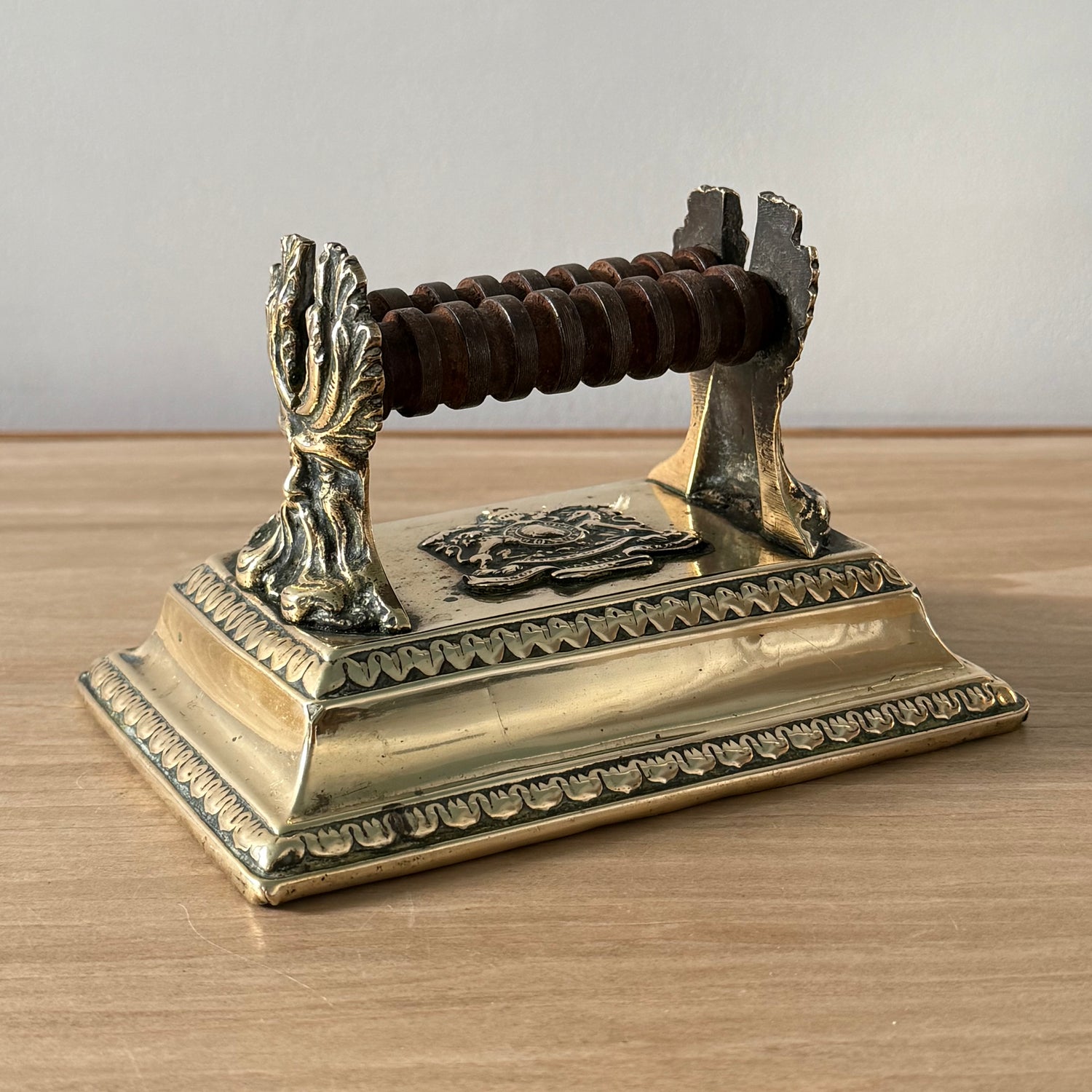 Victorian Brass Knife Sharpener with Twin Oak Rollers and Heraldic Crest