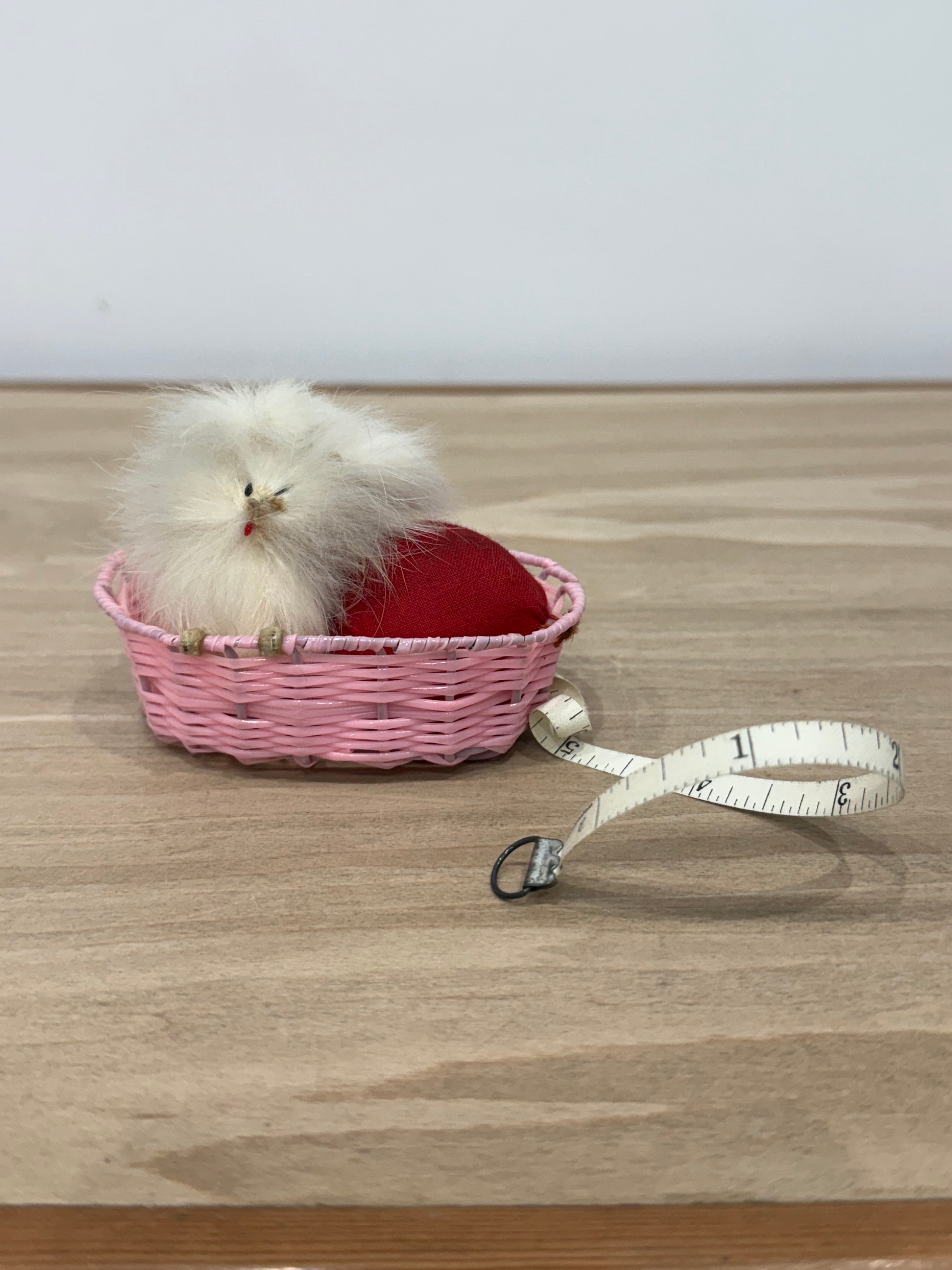 Vintage Dog in Basket Tape Measure &amp; Pincushion, Boxed, Working 36”