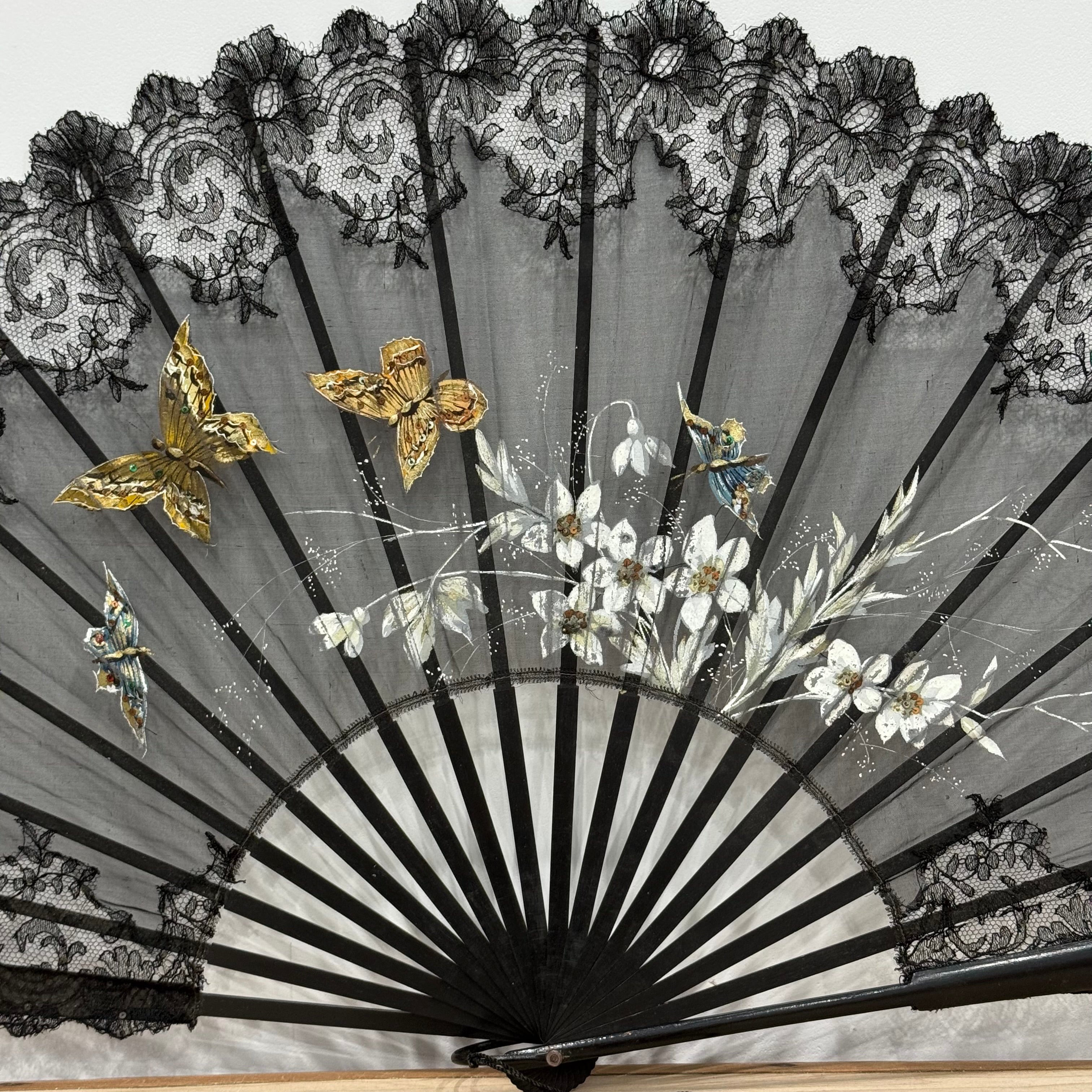 Antique Hand Painted Lace Fan with Butterflies Edwardian Black Mourning Style