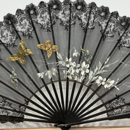 Antique Hand Painted Lace Fan with Butterflies Edwardian Black Mourning Style
