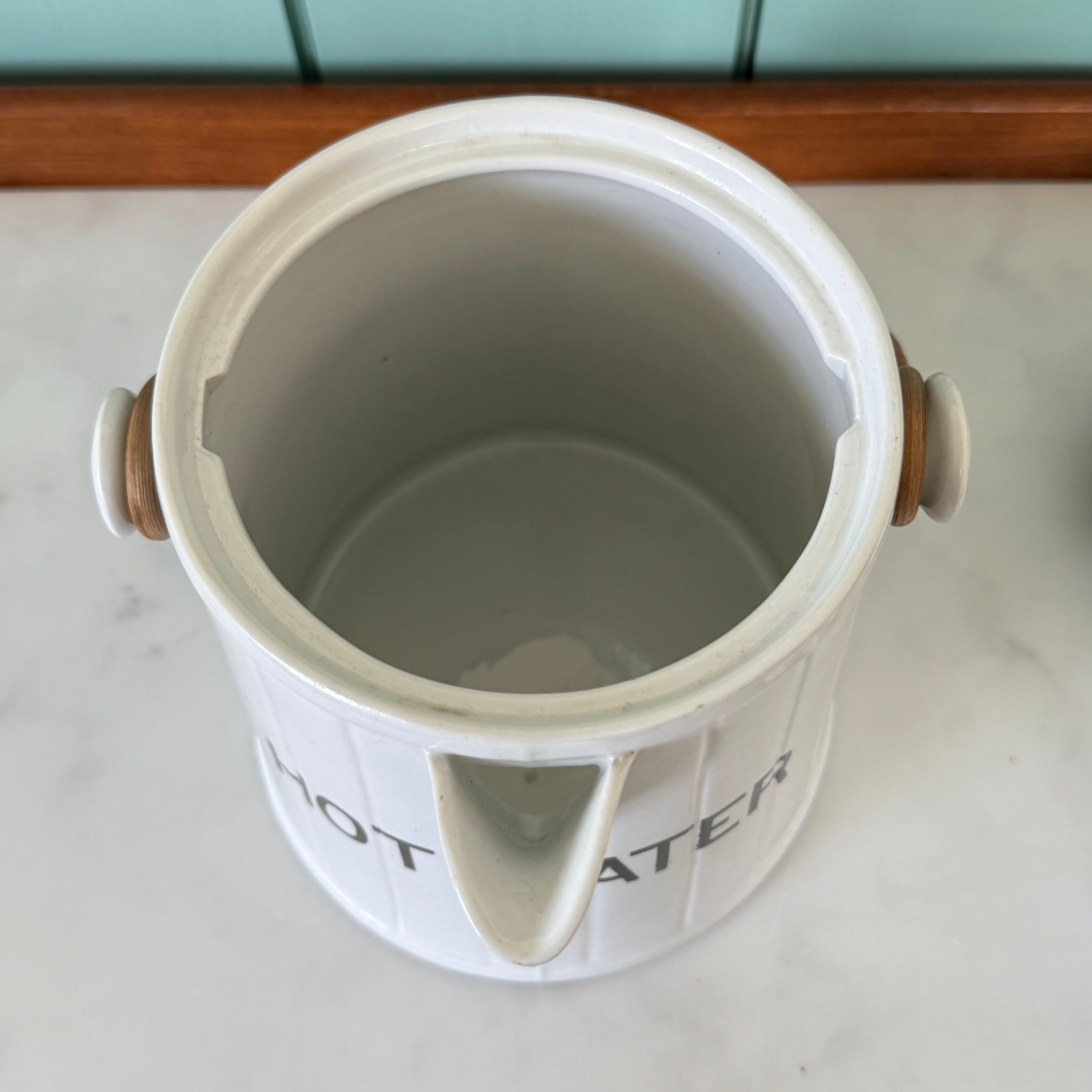 Antique Edwardian White Ironstone HOT WATER Jug Wicker Handle &amp; Lid