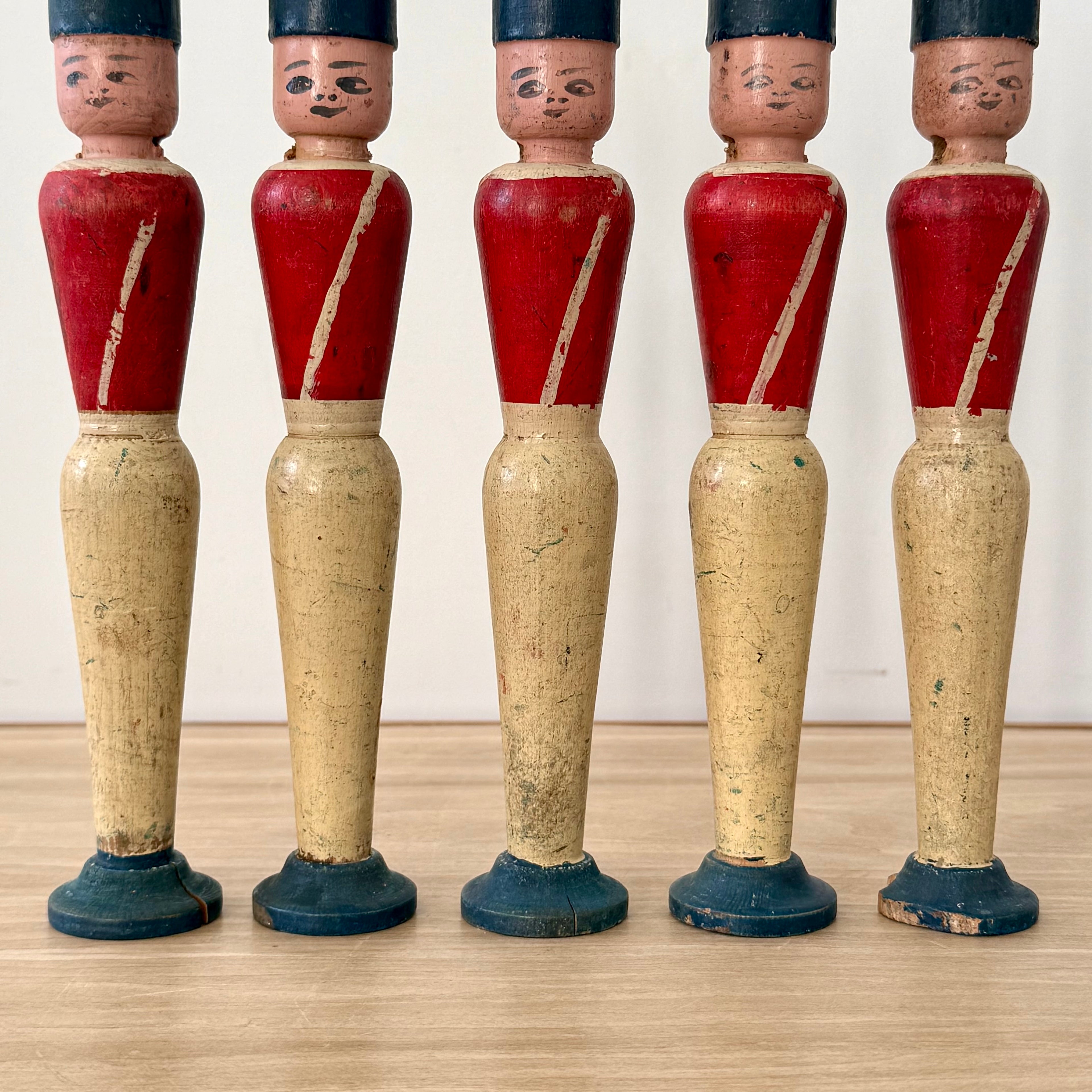 Vintage Wooden Skittles Pins 5 Guardsman Figures 24cm Folk Toy