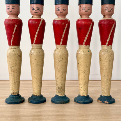 Vintage Wooden Skittles Pins 5 Guardsman Figures 24cm Folk Toy