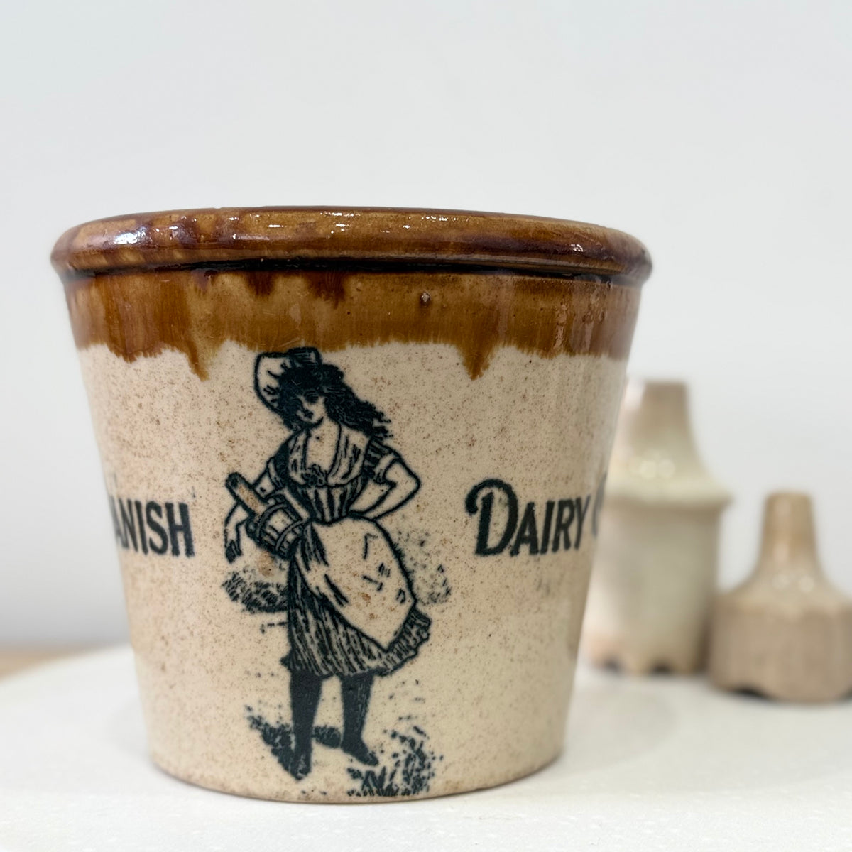Antique Danish Dairy Co Stoneware Butter Crock with Milkmaid c.1900