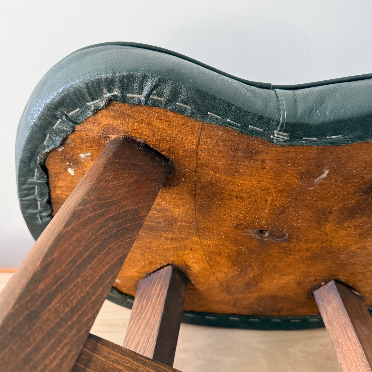 Vintage Mid-Century Kidney Shaped Green Upholstered Footstool