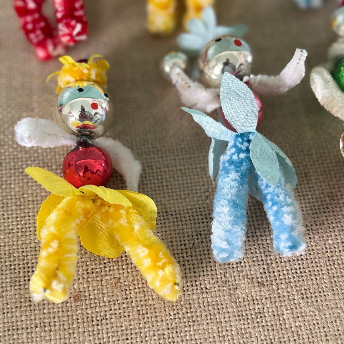Vintage Boxed Set of 6 Mercury Glass Chenille Christmas Pixie Decorations