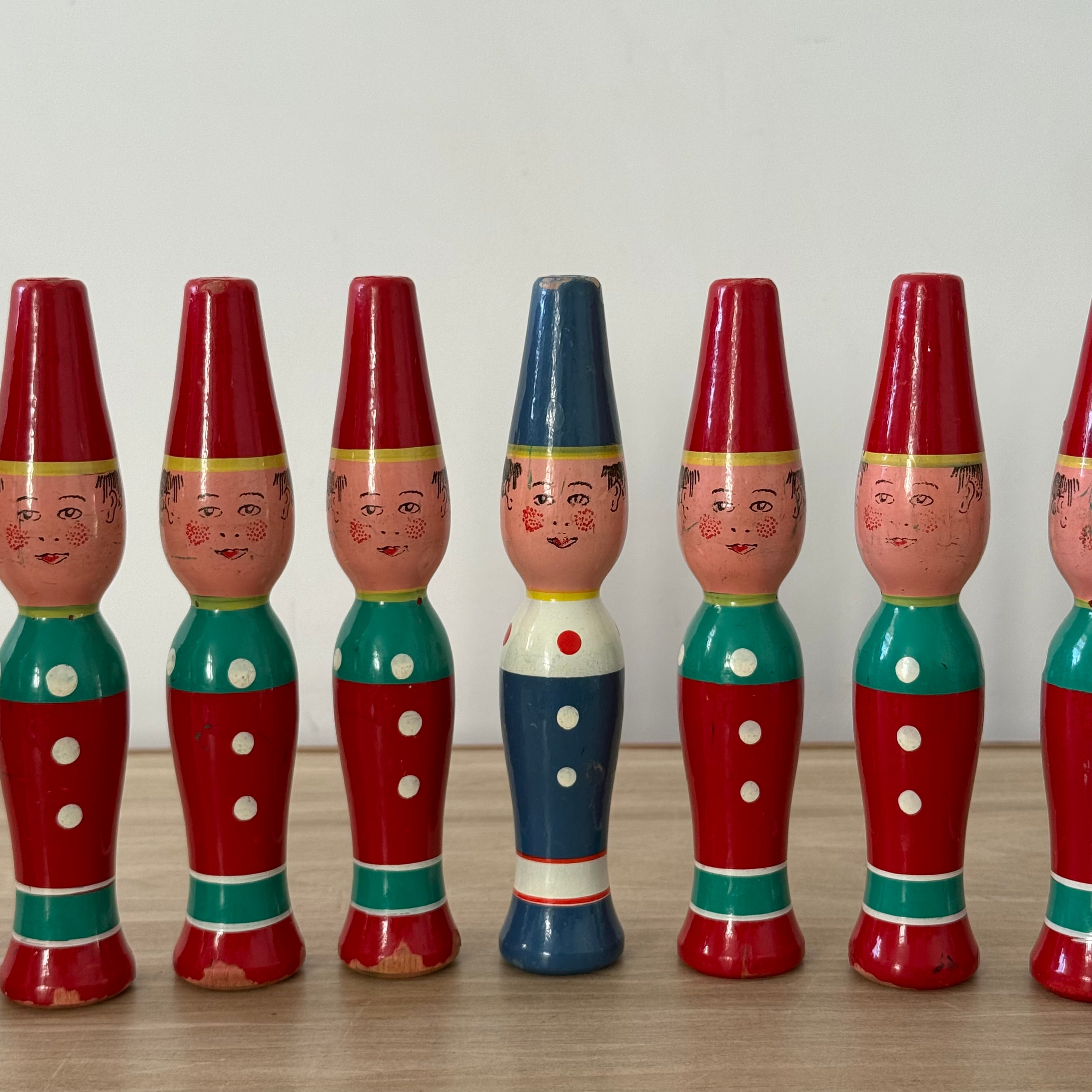 Vintage Wooden Skittles Set 9 Pins Hand Painted Folk Figures Fez Hats