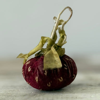 Antique Victorian Velvet Strawberry Emery with Silk Ribbon Leaves