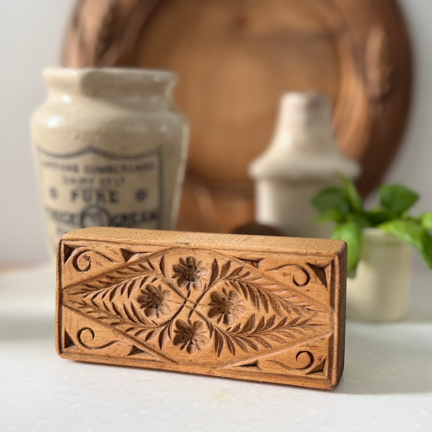 Antique Treen Rectangular Butter Stamp Floral