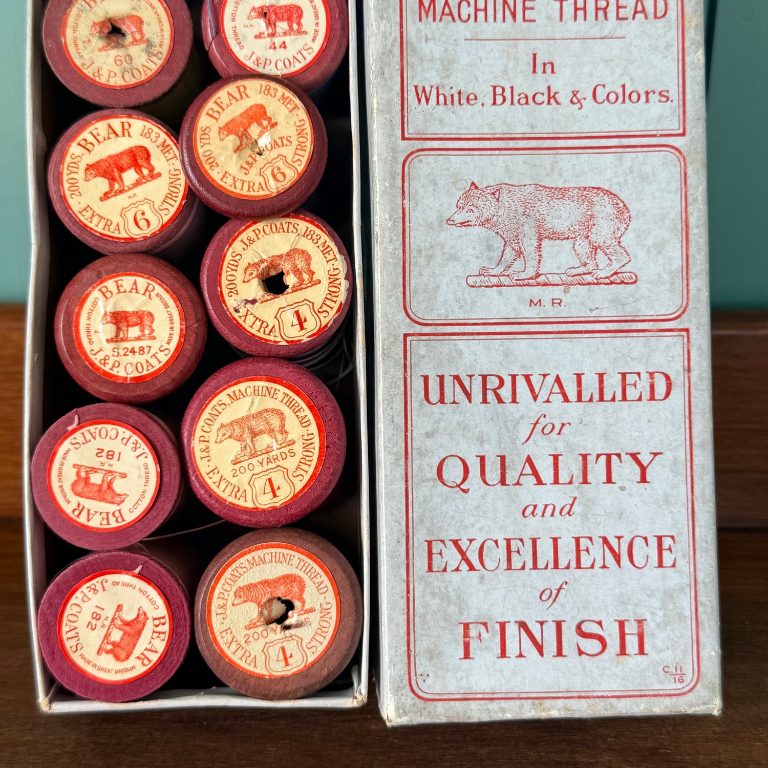 Vintage J&amp;P Coats Bear Extra Strong Machine Thread Boxed Reels
