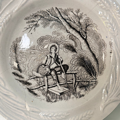 Antique Staffordshire Staple-Repaired Nursery Plate Rural Boy c.1830